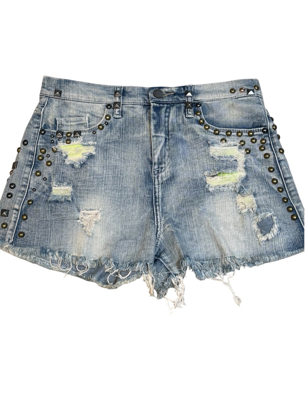 BLANKNYC Studded Distressed Denim Shorts Neon Raw Hem Festival Grunge NWOT 27